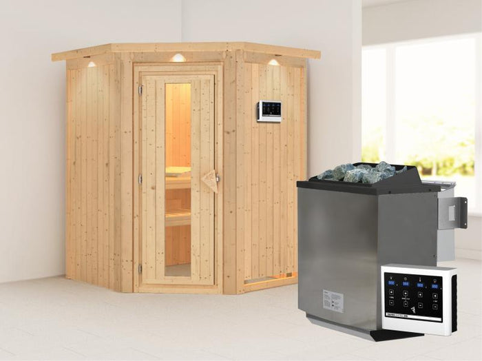 Karibu Sauna Larin inkl. 9 kW Bioofen mit externer Steuerung, mit Dachkranz, mit energiesparender Sa