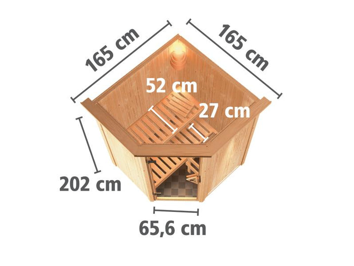Karibu Sauna Larin inkl. 9 kW Bioofen mit externer Steuerung, mit Dachkranz, mit energiesparender Sa