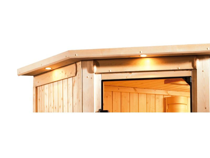 Karibu Sauna Larin inkl. 9 kW Bioofen mit externer Steuerung, mit Dachkranz, mit energiesparender Sa