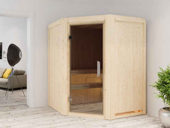 Karibu Sauna Larin inkl. 9 kW Ofen externer Steuerung, mit moderner Saunatür - ohne Dachkranz -