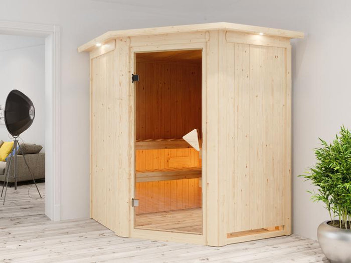 Karibu Sauna Larin inkl. 9 kW Ofen integrierte Steuerung, mit bronzerter Ganzglastür - mit Dachkranz