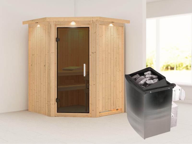 Karibu Sauna Larin inkl. 9 kW Ofen integrierte Steuerung,mit moderner Saunatür - mit Dachkranz -