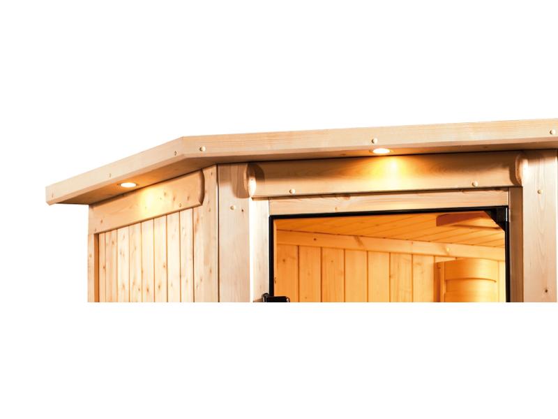 Karibu Sauna Larin inkl. 9 kW Ofen integrierte Steuerung,mit moderner Saunatür - mit Dachkranz -