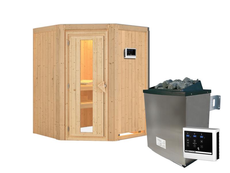 Karibu Sauna Larin inkl. 9 kW Ofen mit externer Steuerung, ohne Dachkranz, mit energiesparender Saun
