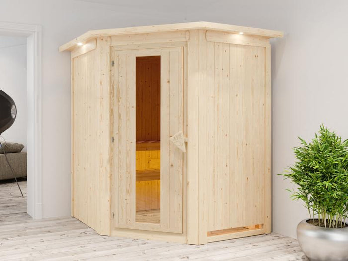 Karibu Sauna Larin inkl. 9 kW Ofen mit externer Steuerung, mit Dachkranz, mit energiesparender Sauna