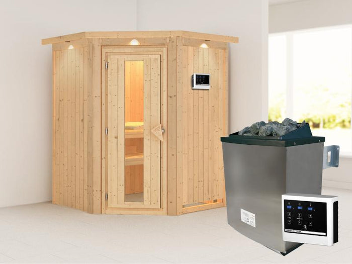 Karibu Sauna Larin inkl. 9 kW Ofen mit externer Steuerung, mit Dachkranz, mit energiesparender Sauna