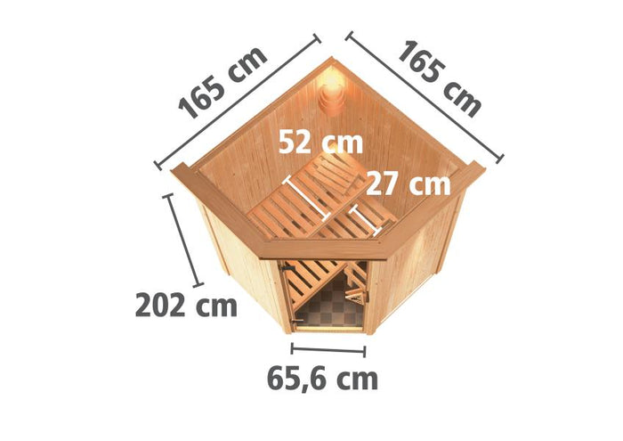 Karibu Sauna Larin inkl. 9 kW Ofen mit externer Steuerung, mit Dachkranz, mit energiesparender Sauna