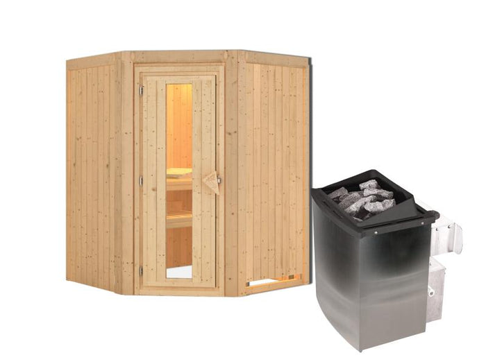 Karibu Sauna Larin inkl. 9 kW Ofen mit integr. Steuerung, ohne Dachkranz, mit energiesparender Sauna