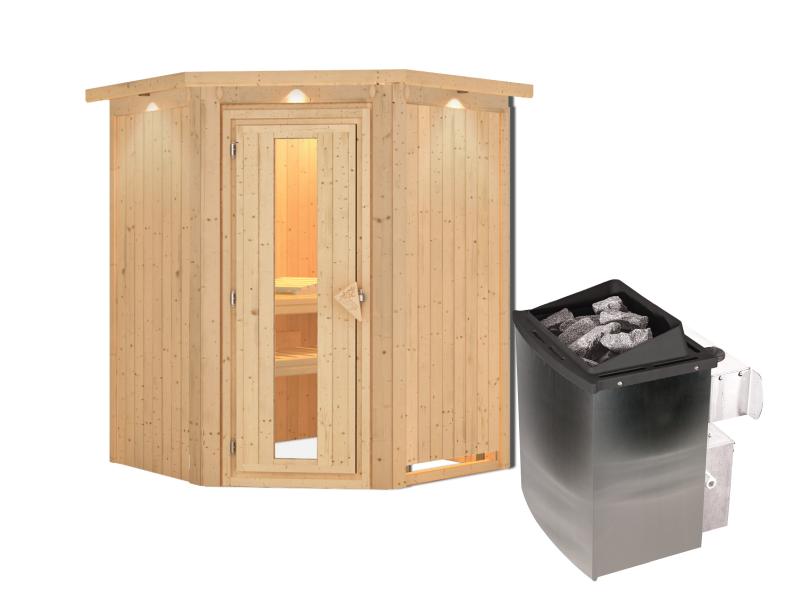 Karibu Sauna Larin inkl. 9 kW Ofen mit interner Steuerung, mit Dachkranz, mit energiesparender Sauna
