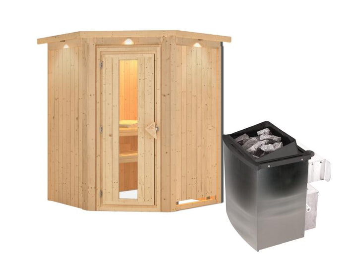 Karibu Sauna Larin inkl. 9 kW Ofen mit interner Steuerung, mit Dachkranz, mit energiesparender Sauna