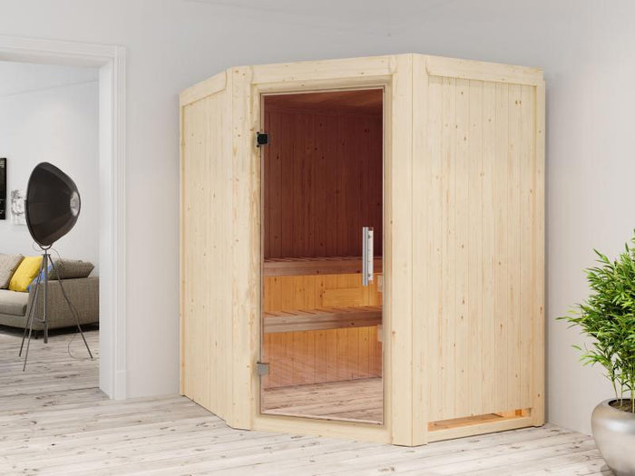 Karibu Sauna Larin inkl. 9kW Bioofen externe Steuerung, mit Klarglas-Ganzglastür -ohne Dachkranz-