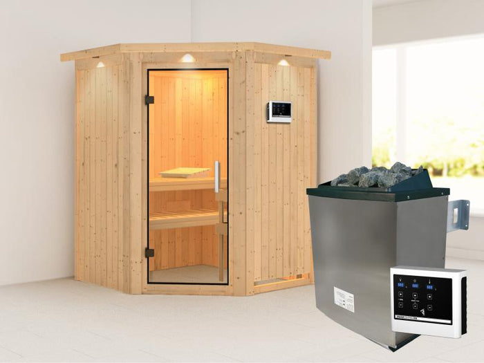 Karibu Sauna Larin inkl. 9kW Ofen externe Steuerung, mit Klarglas-Ganzglastür -mit Dachkranz-