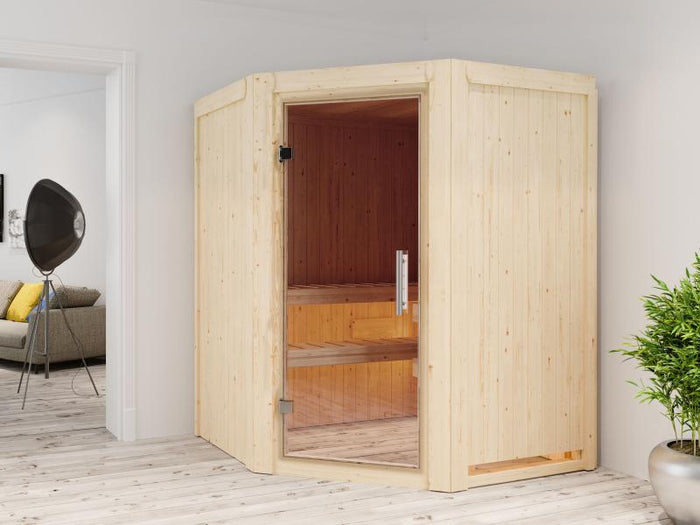 Karibu Sauna Larin inkl. 9kW Ofen integrierte Steuerung, mit Klarglas-Ganzglastür -ohne Dachkranz-