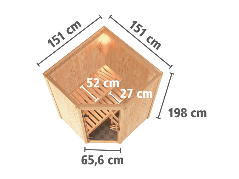 Karibu Sauna Larin inkl. 9kW Ofen integrierte Steuerung, mit Klarglas-Ganzglastür -ohne Dachkranz-
