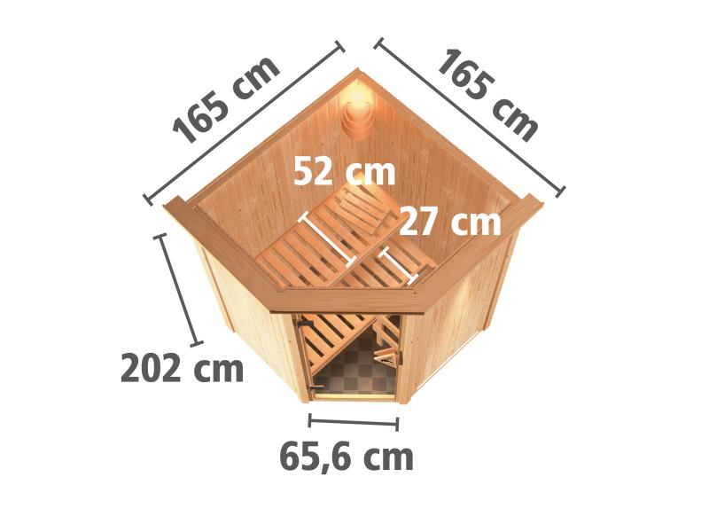 Karibu Sauna Larin inkl. 9kW Ofen integrierte Steuerung, mit Klarglas-Ganzglastür -mit Dachkranz-