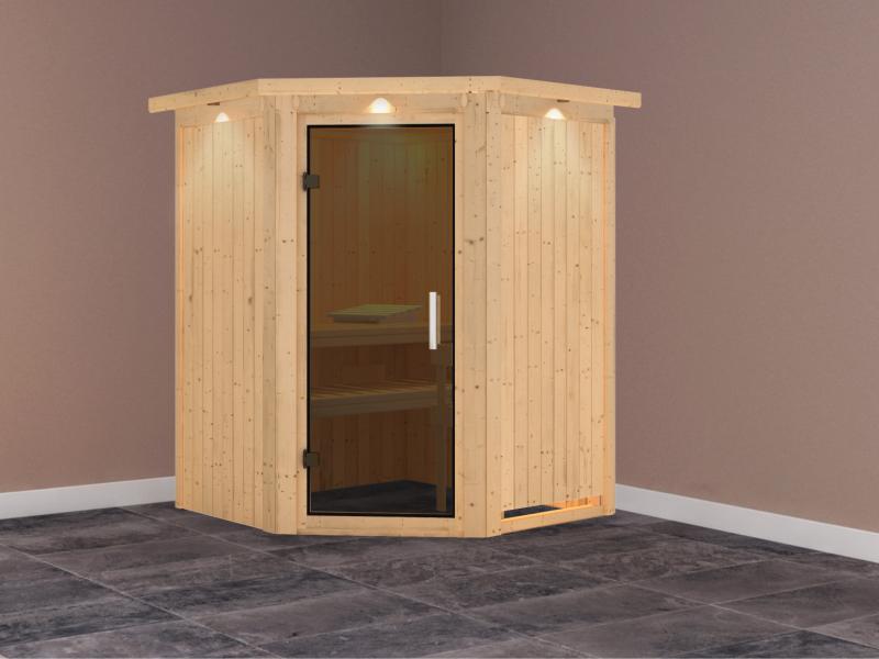 Karibu Sauna Larin ohne Ofen, mit Dachkranz, mit moderner Saunatür