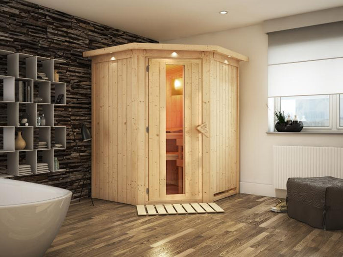 Karibu Sauna Larin ohne Ofen, mit Dachkranz, mit energiesparender Saunatür