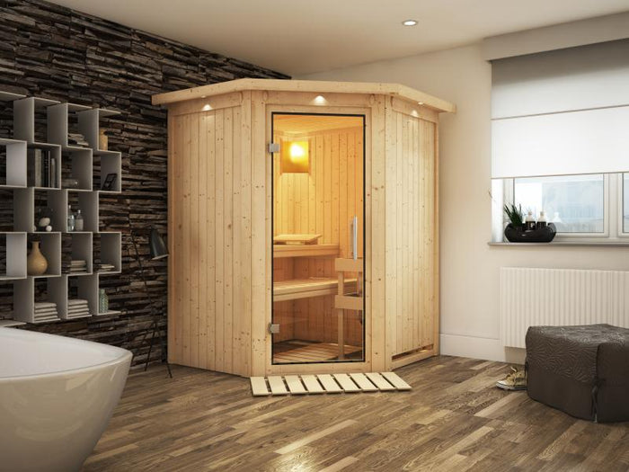 Karibu Sauna Larin ohne Ofen, mit Dachkranz, mit Klarglas-Ganzglastür