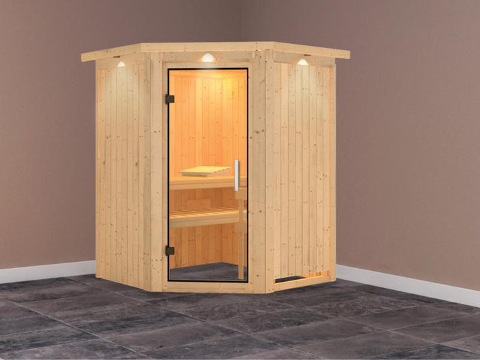 Karibu Sauna Larin ohne Ofen, mit Dachkranz, mit Klarglas-Ganzglastür