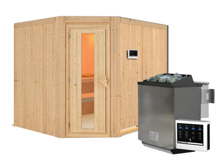 Karibu Sauna Malin inkl. 9-kW-Bioofen mit externer Steuerung, ohne Dachkranz, mit energiesparender S