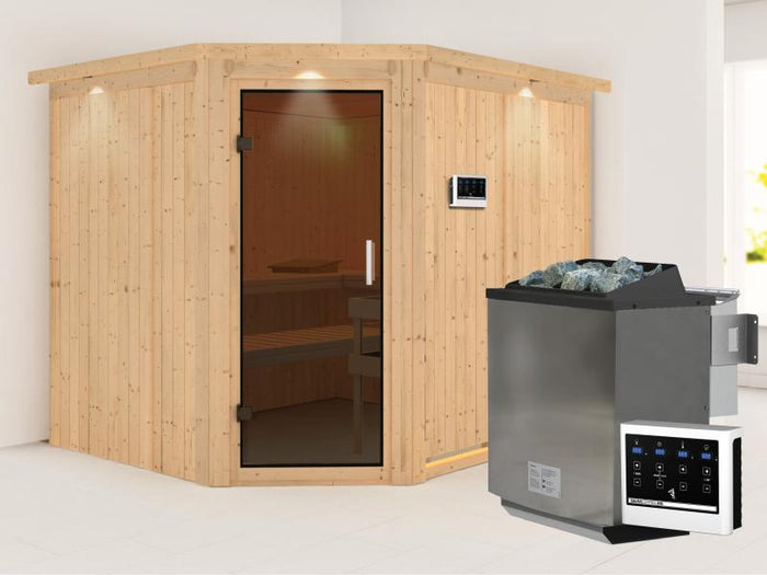 Karibu Sauna Malin inkl. 9-kW-Bioofen mit externer Steuerung, mit Dachkranz, mit moderner Saunatür