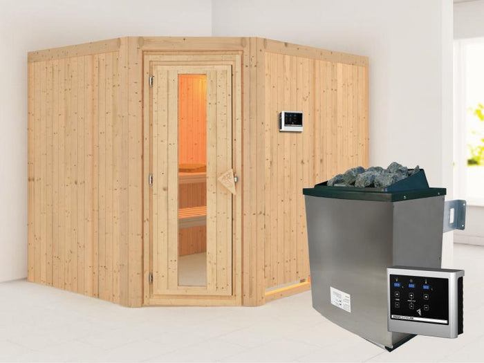 Karibu Sauna Malin inkl. 9-kW-Ofen mit externer Steuerung, ohne Dachkranz, mit energiesparender Saun