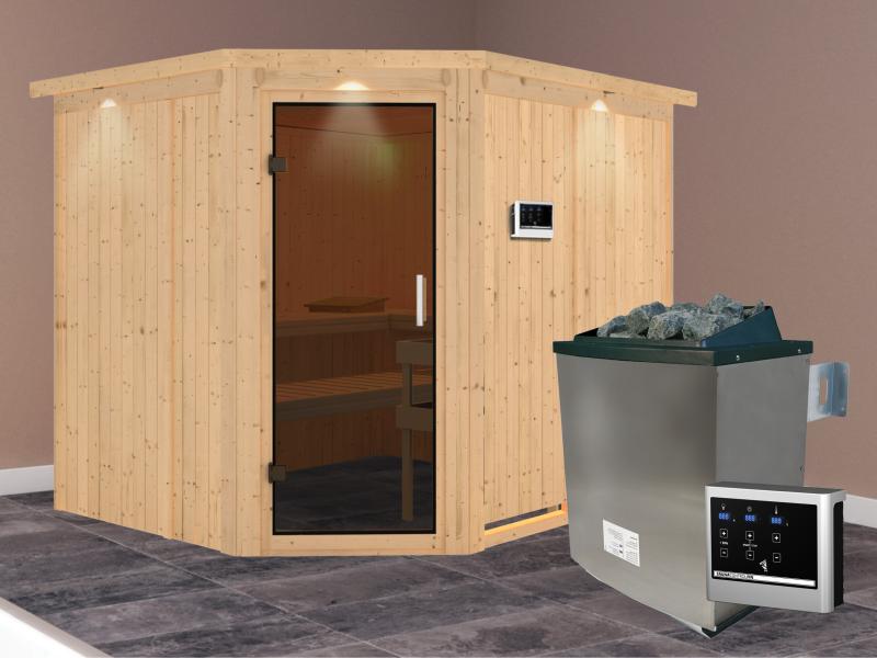 Karibu Sauna Malin inkl. 9-kW-Ofen mit externer Steuerung, mit Dachkranz, mit moderner Saunatür