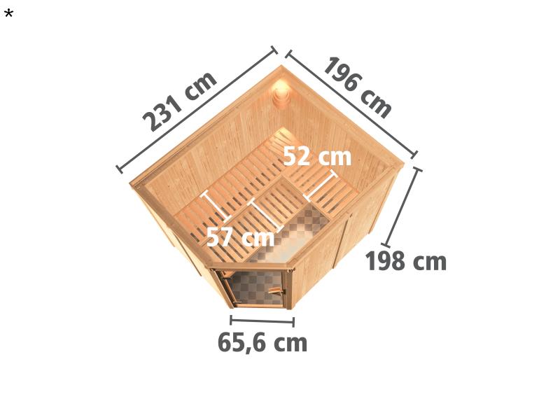 Karibu Sauna Malin inkl. 9 kW Ofen mit int. Steuerung, ohne Dachkranz, mit Klarglas Ganzglastür