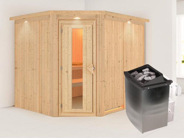 Karibu Sauna Malin inkl. 9-kW-Ofen mit interner Steuerung, mit Dachkranz, mit energiesparender Sauna