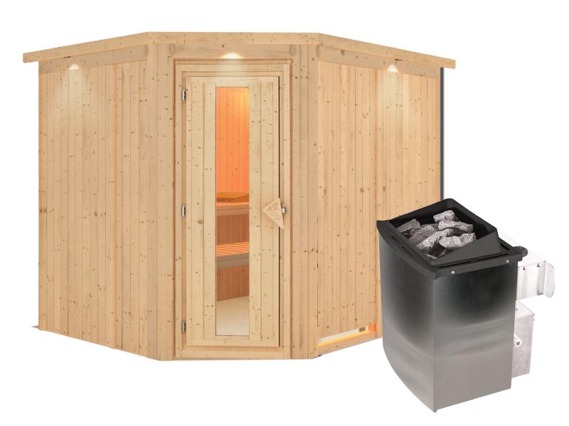 Karibu Sauna Malin inkl. 9-kW-Ofen mit interner Steuerung, mit Dachkranz, mit energiesparender Sauna