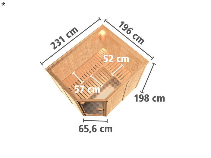Karibu Sauna Malin inkl. 9-kW-Ofen mit interner Steuerung, ohne Dachkranz, mit moderner Saunatür