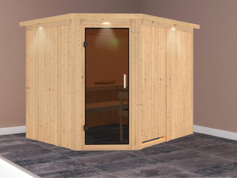 Karibu Sauna Malin ohne Ofen, mit Dachkranz, mit moderner Saunatür