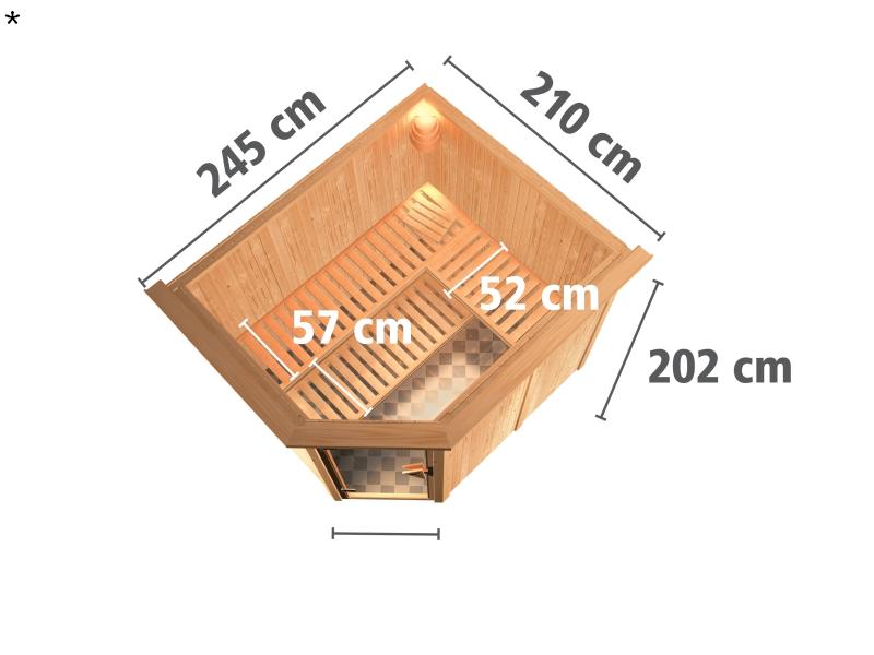 Karibu Sauna Malin ohne Ofen, mit Dachkranz, mit Klarglas Ganzglastür
