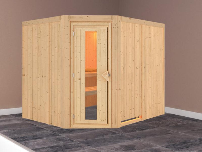 Karibu Sauna Malin ohne Ofen, ohne Dachkranz, mit energiesparender Saunatür