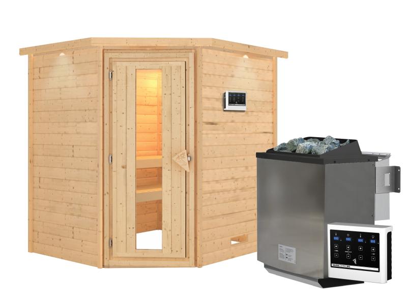 Karibu Sauna Mia inkl. 9 kW Bioofen ext. Steuerung, mit energiesparender Saunatür -mit Dachkranz-