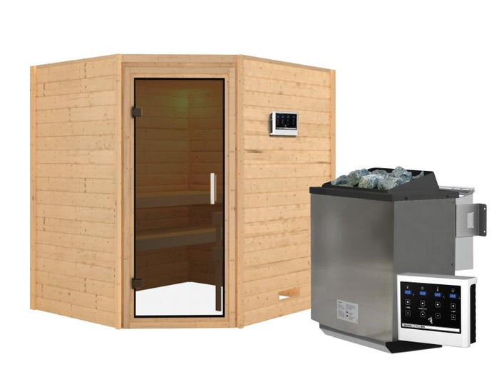 Karibu Sauna Mia inkl. 9 kW Bioofen ext. Steuerung, mit moderner Saunatür -ohne Dachkranz-