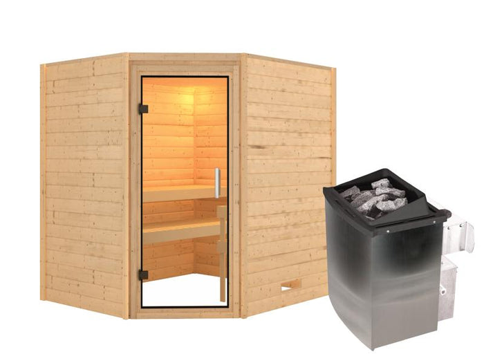 Karibu Sauna Mia inkl. 9 kW Bioofen ext. Steuerung, mit moderner Tür -mit Dachkranz-