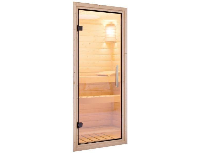 Karibu Sauna Mia inkl. 9 kW Bioofen ext. Steuerung, mit Klarglas Ganzglassaunatür -ohne Dachkranz-