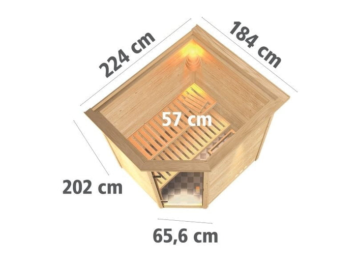 Karibu Sauna Mia inkl. 9 kW Ofen ext. Steuerung, mit energiesparender Saunatür -mit Dachkranz-