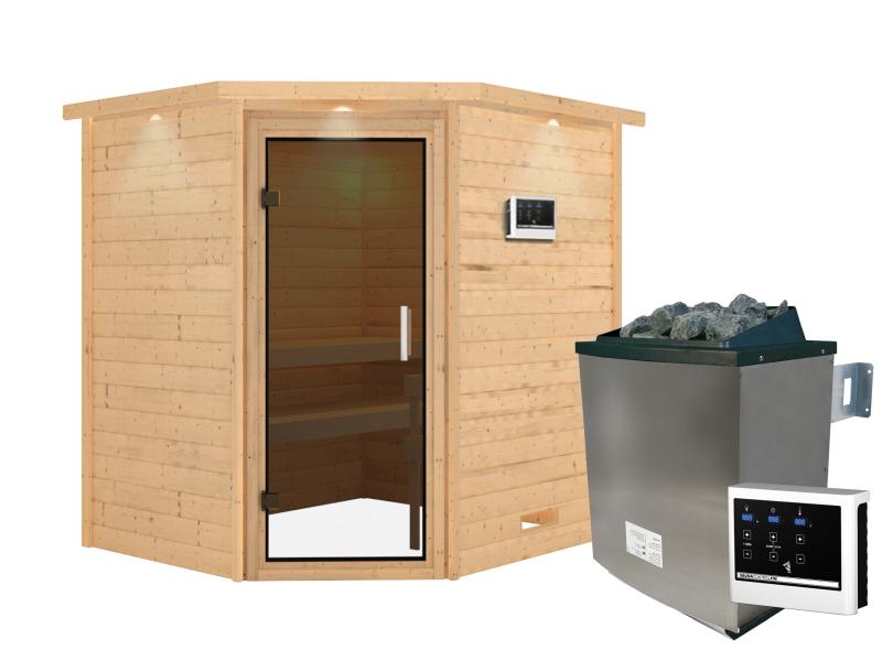 Karibu Sauna Mia inkl. 9 kW Ofen ext. Steuerung, mit moderner Saunatür -mit Dachkranz-