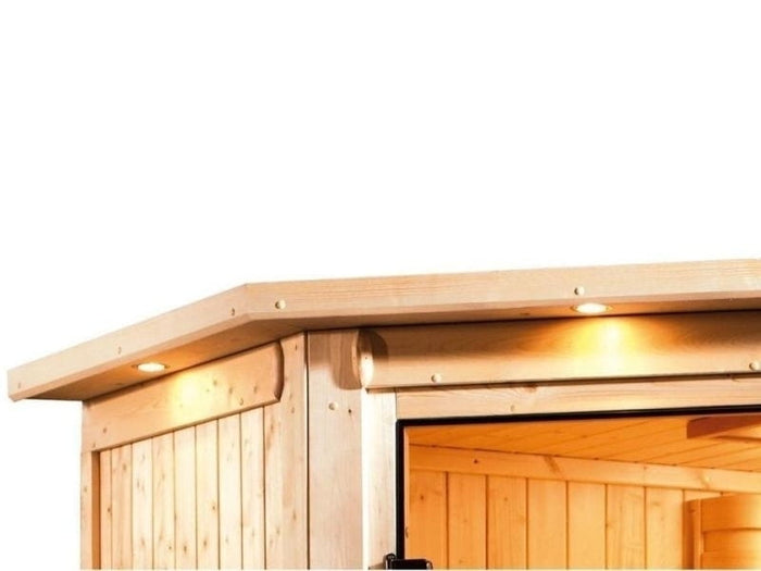 Karibu Sauna Mia inkl. 9 kW Ofen ext. Steuerung, mit moderner Saunatür -mit Dachkranz-