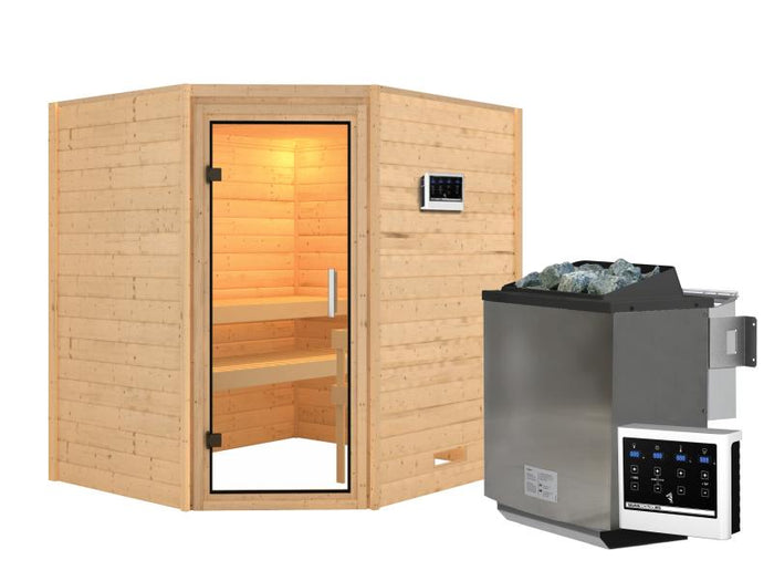 Karibu Sauna Mia inkl. 9 kW Ofen ext. Steuerung, mit Klarglas Ganzglassaunatür -ohne Dachkranz-