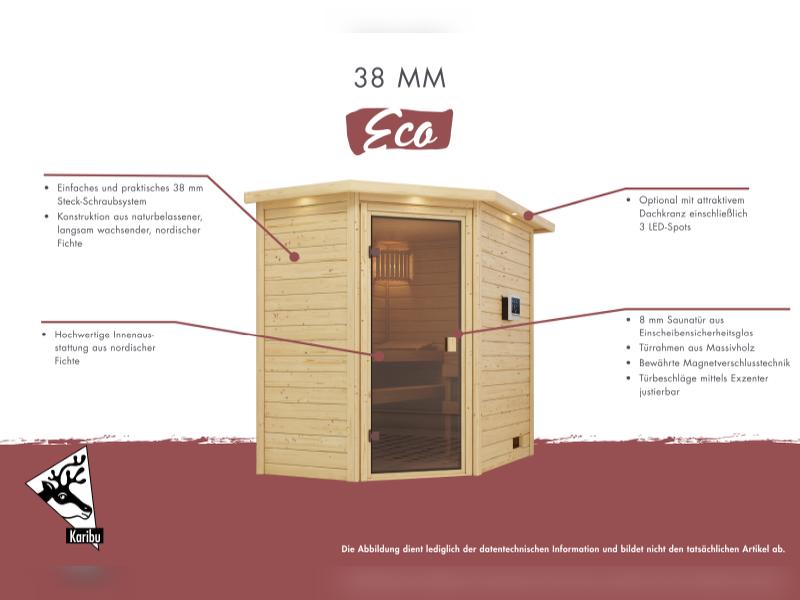 Karibu Sauna Mia inkl. 9 kW Ofen integr. Steuerung, mit klassischer Saunatür -ohne Dachkranz-
