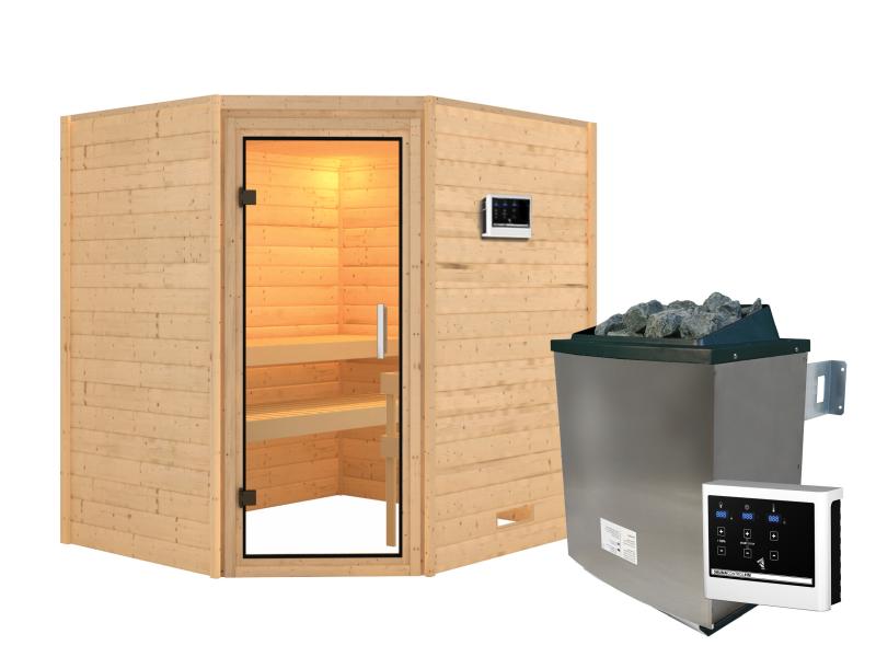 Karibu Sauna Mia inkl. 9 kW Ofen integr. Steuerung, mit Klarglas Ganzglassaunatür -ohne Dachkranz-