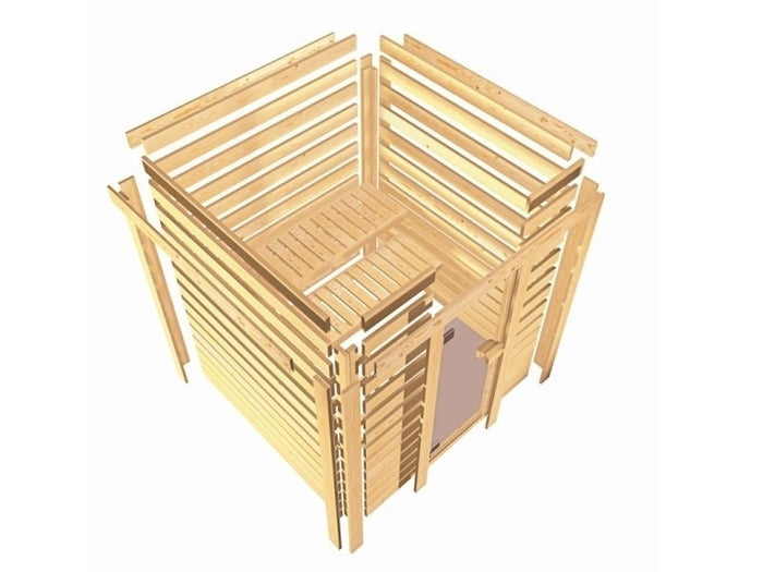 Karibu Sauna Mia inkl. 9 kW Ofen integr. Steuerung, mit Klarglas Ganzglassaunatür -ohne Dachkranz-