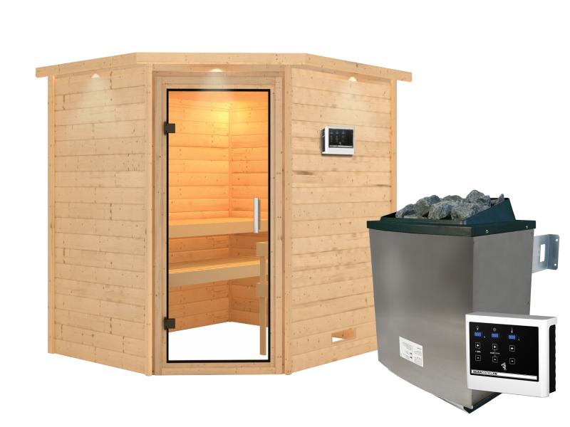 Karibu Sauna Mia inkl. 9 kW Ofen integr. Steuerung, mit Klarglassaunatür -mit Dachkranz-
