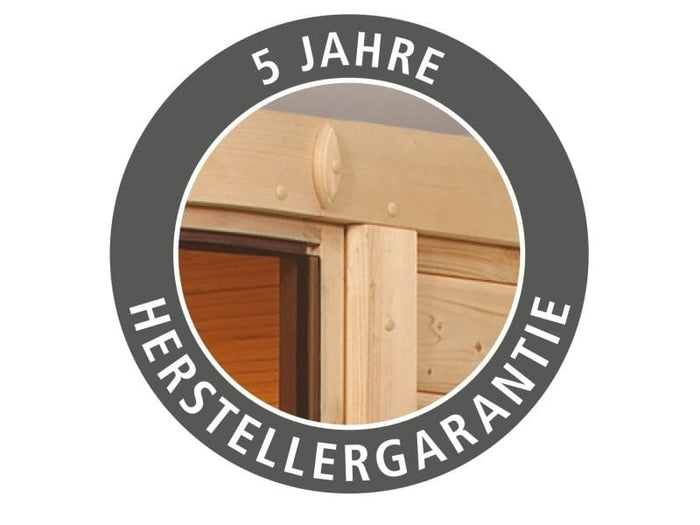 Karibu Sauna Mia inkl. 9 kW Ofen integr. Strg mit energiesparender Saunatür -mit Dachkranz-