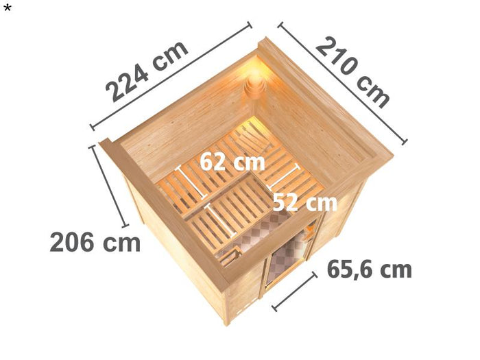 Karibu Sauna Mojave inkl. 9 kW Bio Ofen mit ext. Steuerung, mit Dachkranz, mit Klarglas Ganzglastür