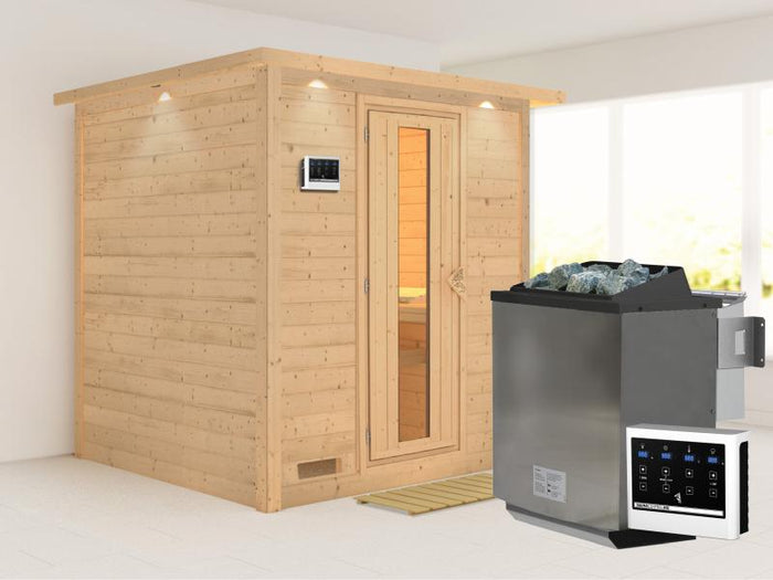 Karibu Sauna Mojave inkl. 9-kW-Bioofen mit externer Steuerung, mit Dachkranz, mit energiesparender S