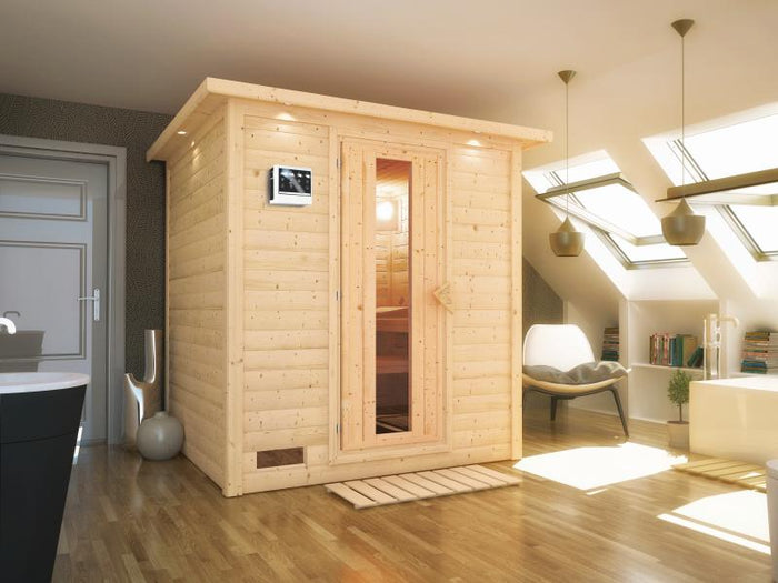 Karibu Sauna Mojave inkl. 9-kW-Bioofen mit externer Steuerung, mit Dachkranz, mit energiesparender S